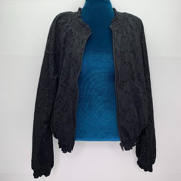 Sanctuary Eyelet Bomber Jacket Medium Black Cotton Zip Up - Picture 1 of 10